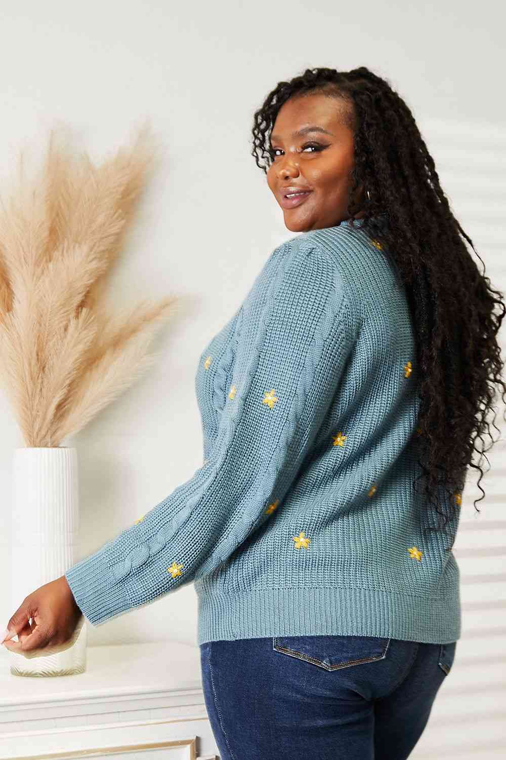 HEYSON Full Size Floral Embroidered Cable Cardigan - Ladyez