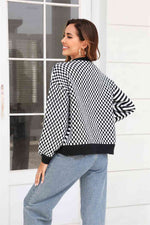Button-Down Stripe & Plaid Contrast Pattern Cardigan - Ladyez