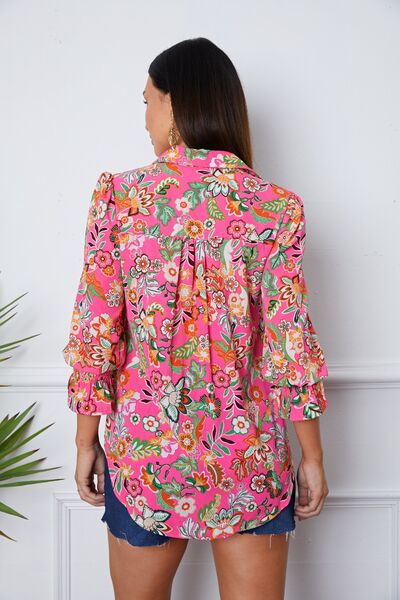 Floral Button Up Flounce Sleeve Shirt - Ladyez