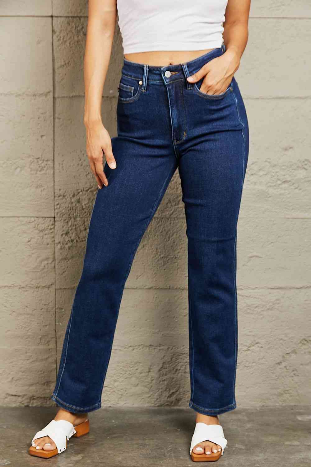 Judy Blue Kailee Full Size Tummy Control High Waisted Straight Jeans - Ladyez