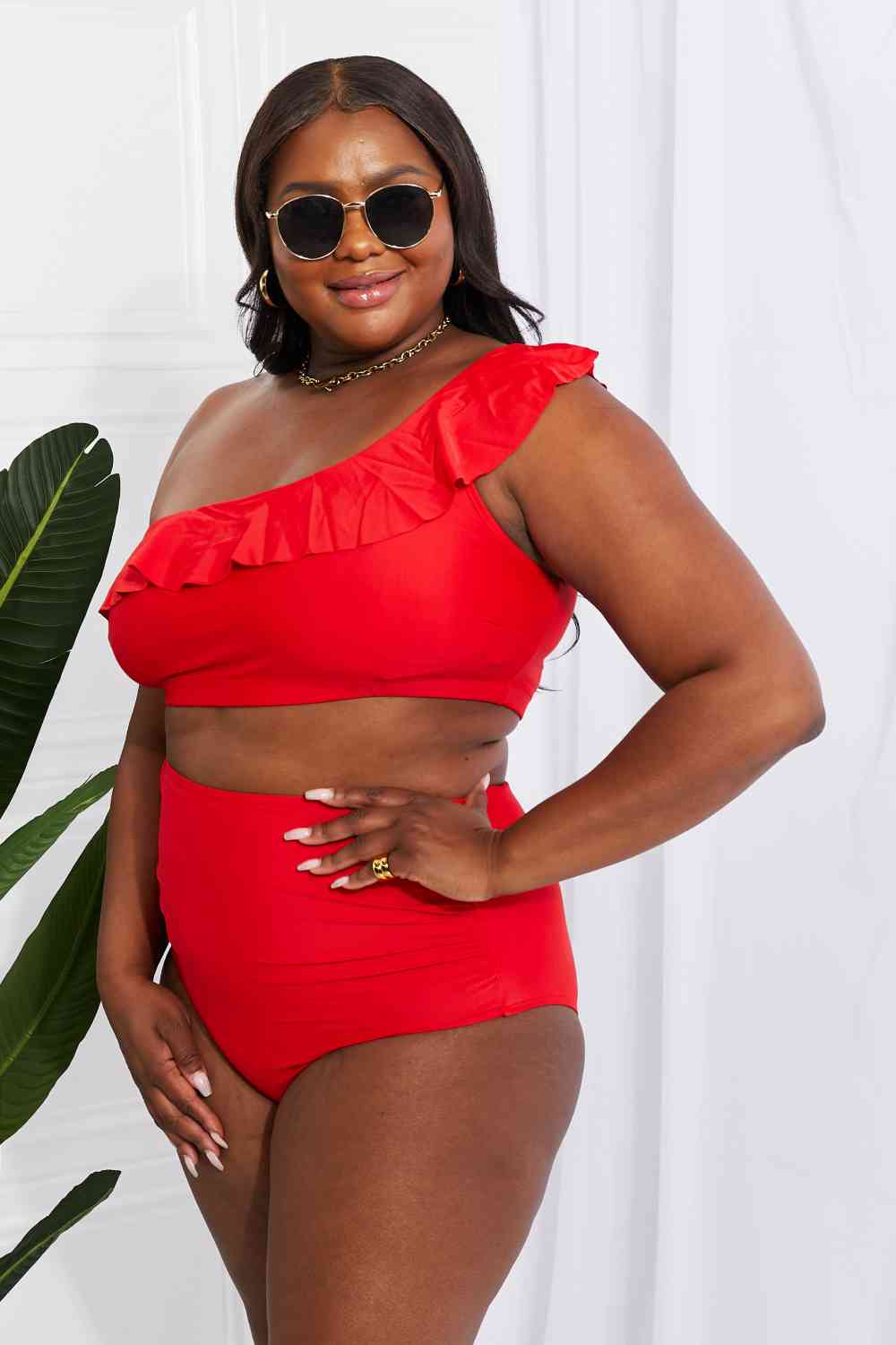 Marina West Swim Seaside Romance Ruffle One-Shoulder Bikini in Red - Ladyez
