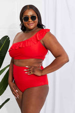 Marina West Swim Seaside Romance Ruffle One-Shoulder Bikini in Red - Ladyez