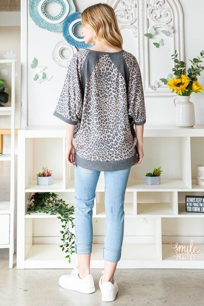 Heimish Full Size Leopard Contrast V-Neck Half Sleeve T-Shirt - Ladyez