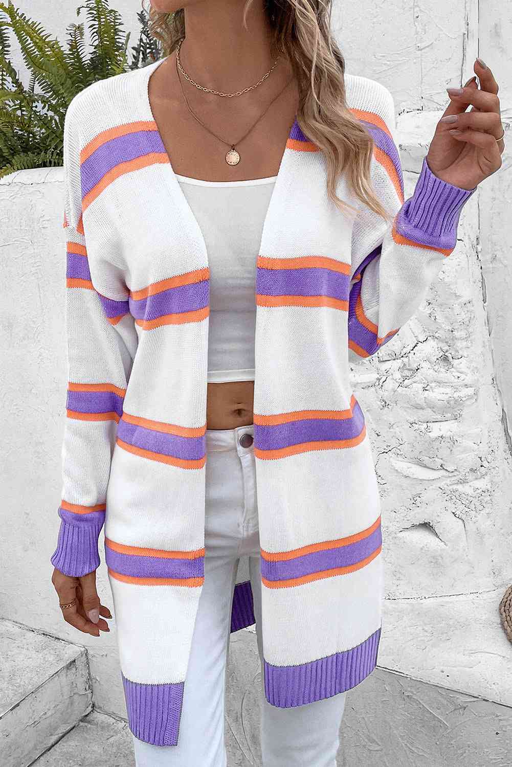 Striped Dropped Shoulder Cardigan - Ladyez