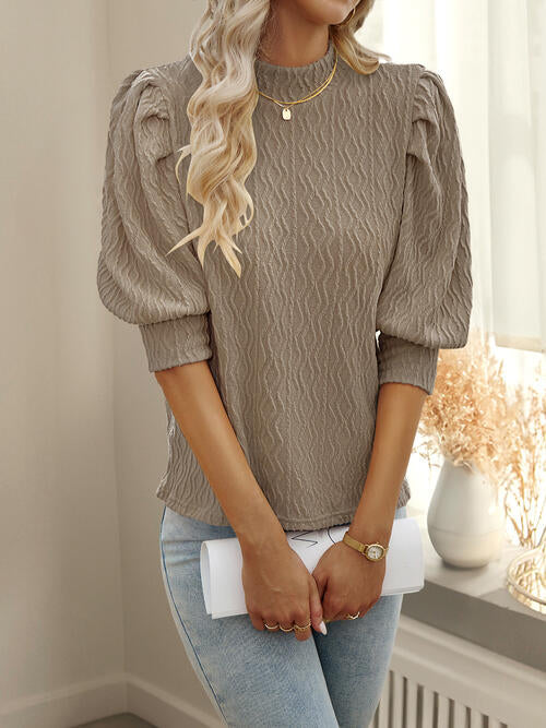 Texture Ruff Sleeve Mock Neck Blouse - Ladyez