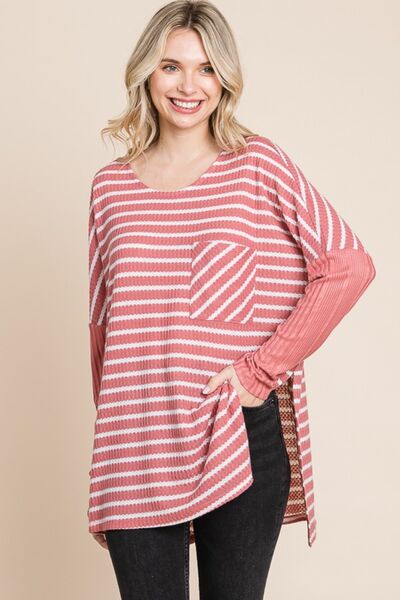 Culture Code Oversize Striped Round Neck Long Sleeve Slit T-Shirt - Ladyez