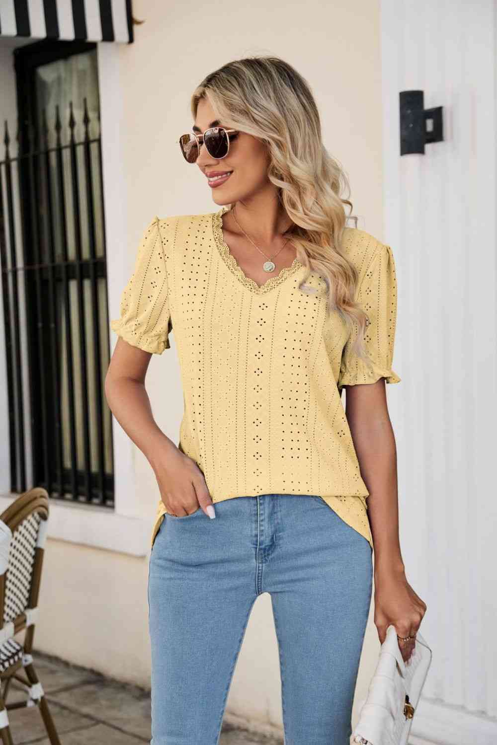 Eyelet Flounce Sleeve Scalloped V-Neck Top - Ladyez