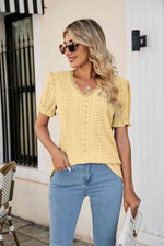 Eyelet Flounce Sleeve Scalloped V-Neck Top - Ladyez