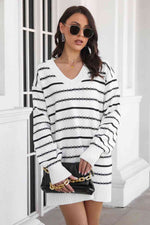 Striped V-Neck Sweater Dress - Ladyez