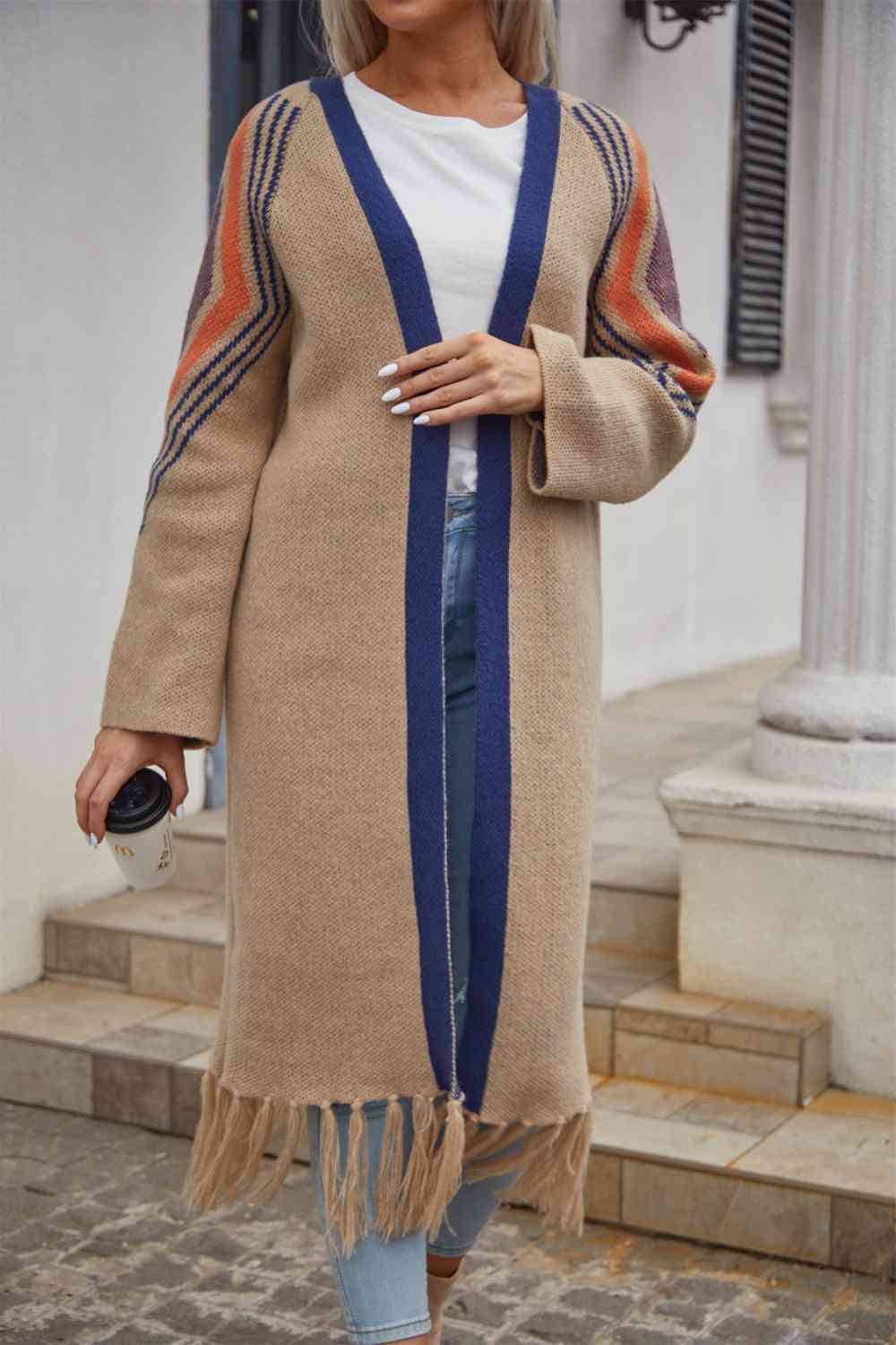 Double Take Geometric Fringe Hem Open Front Duster Cardigan - Ladyez