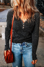 Ribbed Buttoned V-Neck Long Sleeve Top - Ladyez