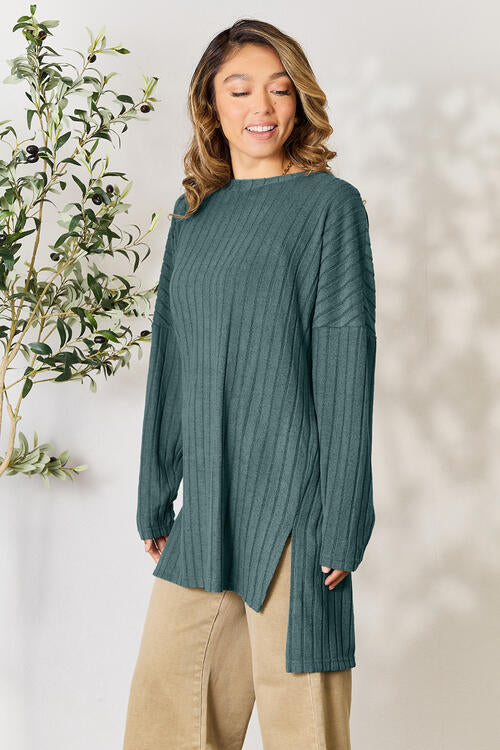 Basic Bae Full Size Ribbed Round Neck Long Sleeve Slit Top - Ladyez