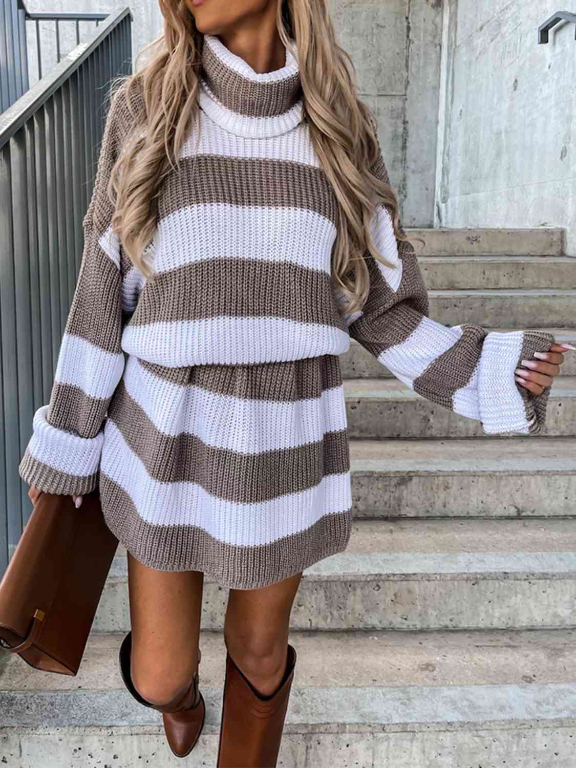 Striped Turtleneck Sweater Dress - Ladyez
