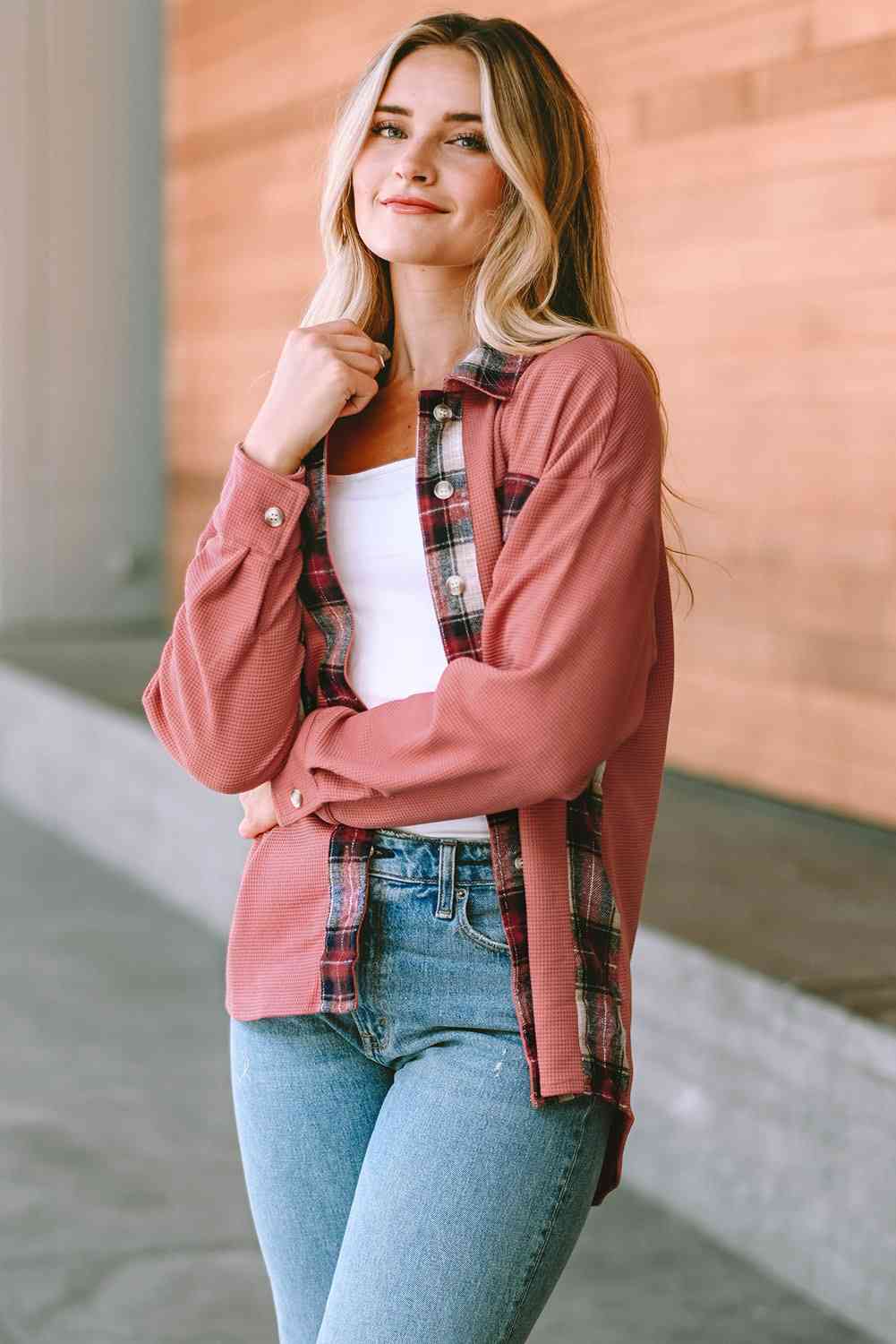 Plaid Button Down Collared Jacket - Ladyez