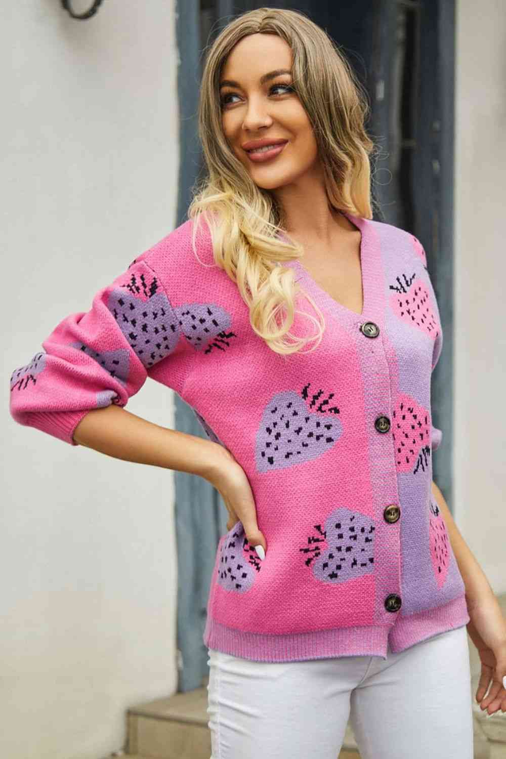 Printed V-Neck Button-Down Long Sleeve Cardigan - Ladyez
