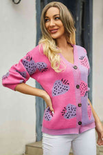 Printed V-Neck Button-Down Long Sleeve Cardigan - Ladyez