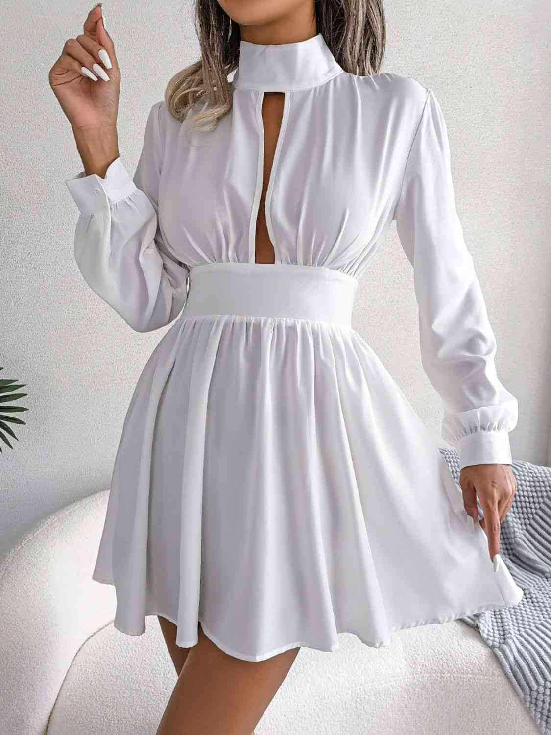 Cutout Turtleneck A-Line Mini Dress - Ladyez