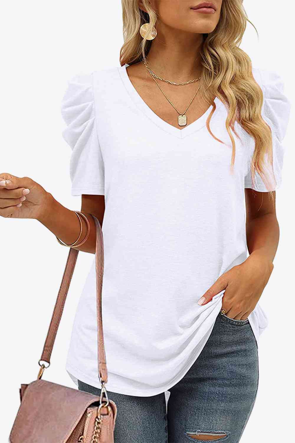 V-Neck Puff Sleeve Tee - Ladyez