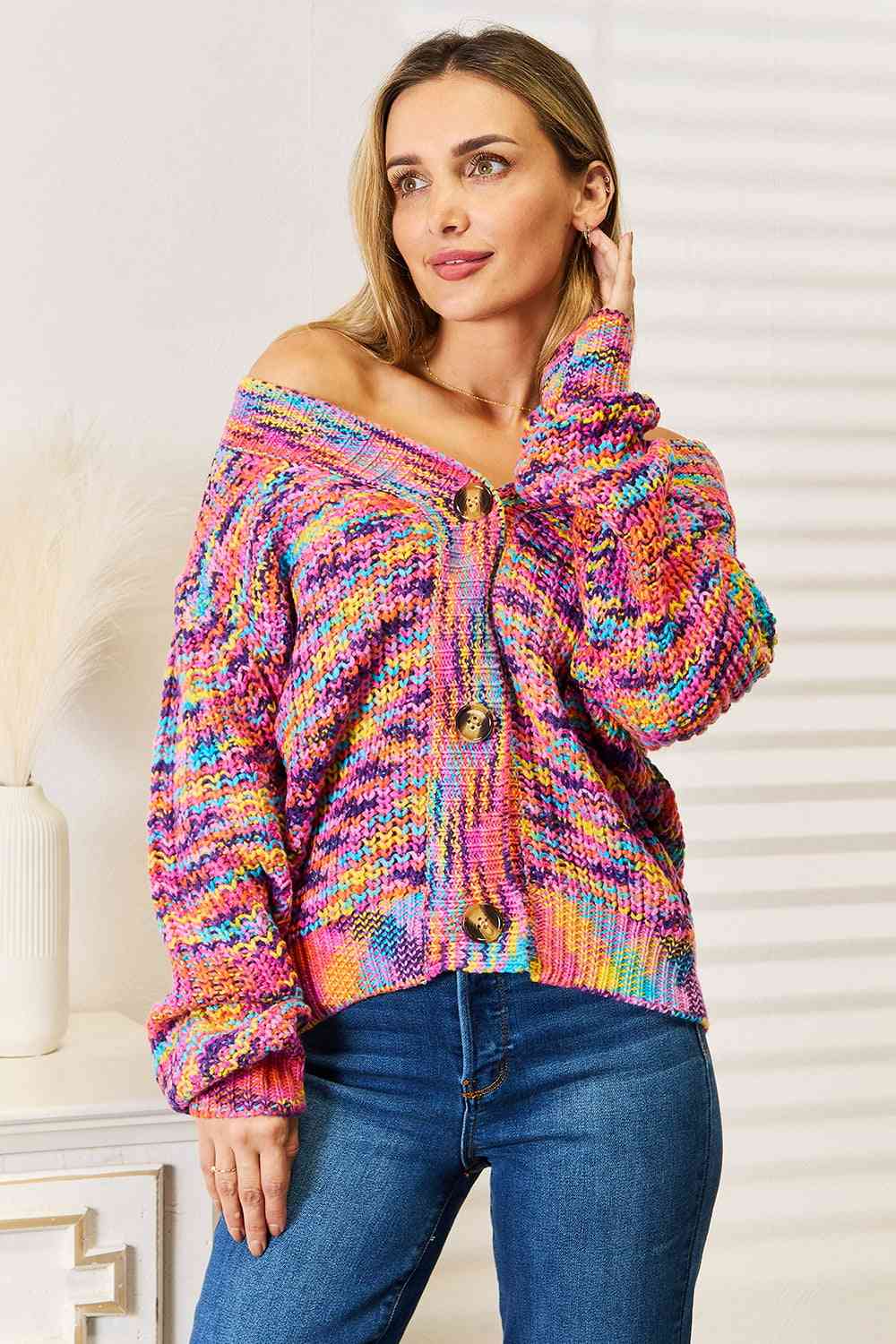 Woven Right V-Neck Long Sleeve Cardigan - Ladyez