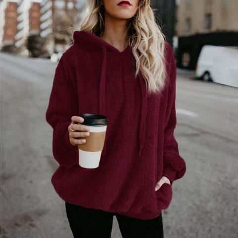 Quarter-Zip Drawstring Teddy Hoodie - Ladyez