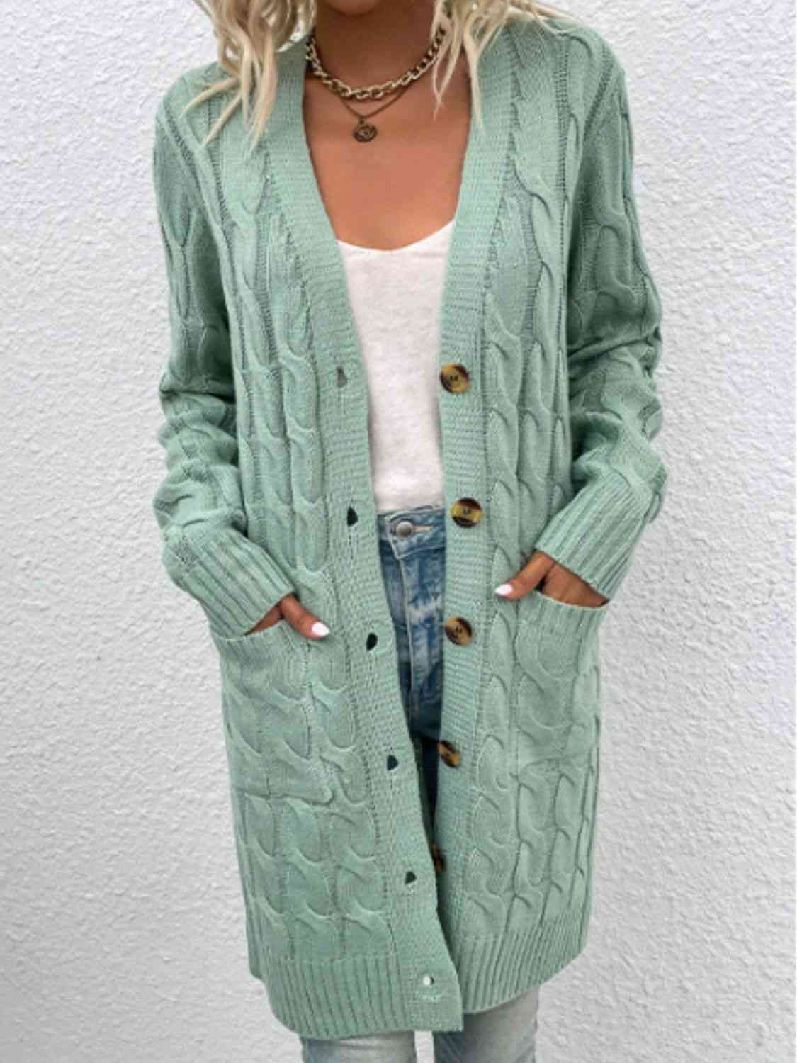 Cable-Knit Button Down Cardigan with Pockets - Ladyez
