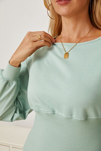 Boat Neck Lantern Sleeve Blouse - Ladyez