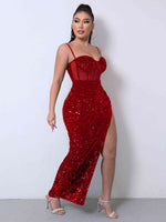 Sequin Spliced Mesh Adjustable Strap Dress - Ladyez