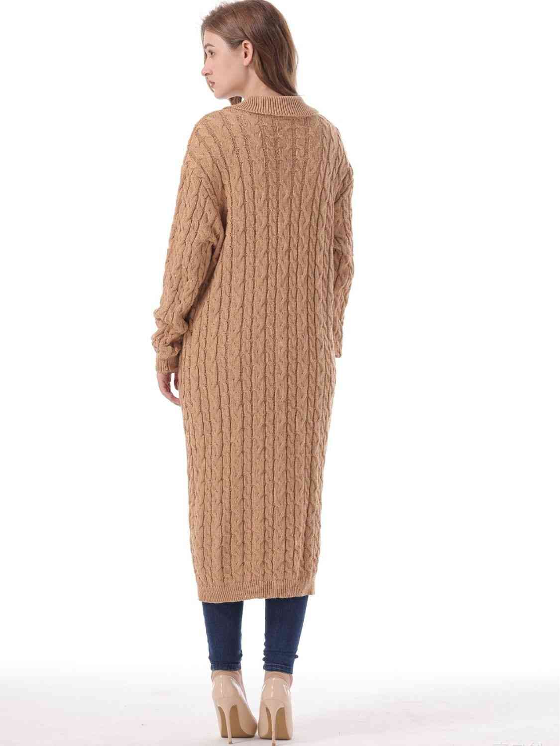 Cable-Knit Collared Neck Cardigan with Pockets - Ladyez