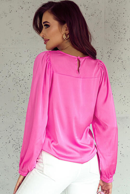 Round Neck Ruff Sleeve Blouse - Ladyez