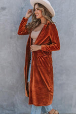 Collared Neck Longline Velvet Cardigan with Pockets - Ladyez