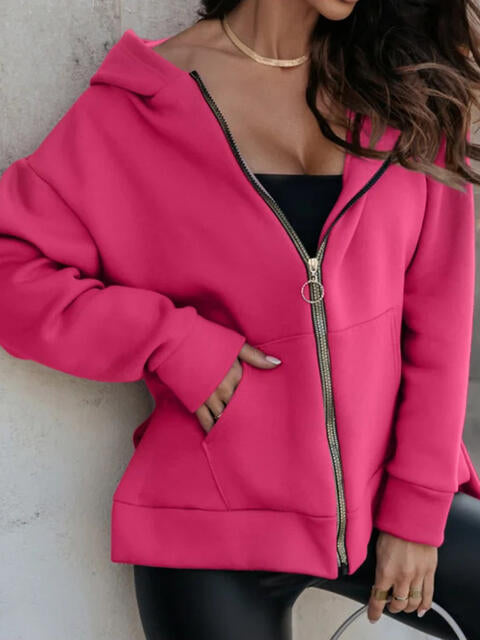 Zip-Up Slit Hoodie with Pockets - Ladyez