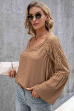 V-Neck Spliced Lace Flare Sleeve Top - Ladyez