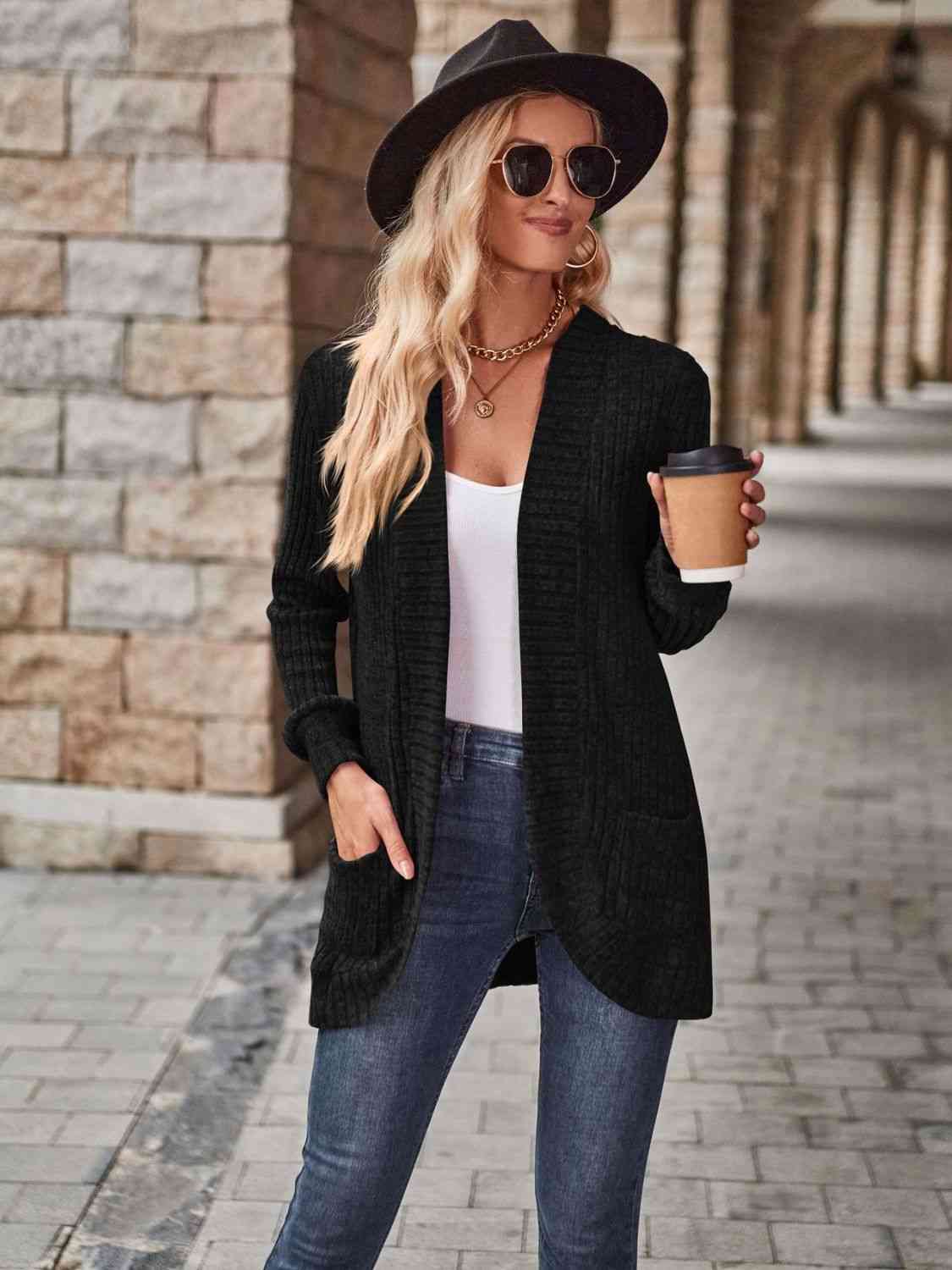 Open Front Cardigan with Pockets - Ladyez