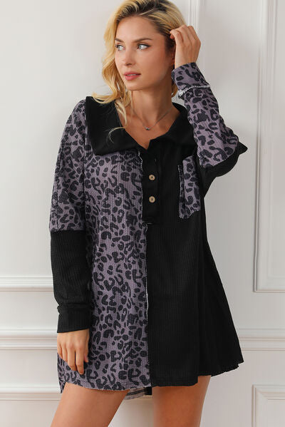 Half Button Leopard Collared Neck Blouse - Ladyez