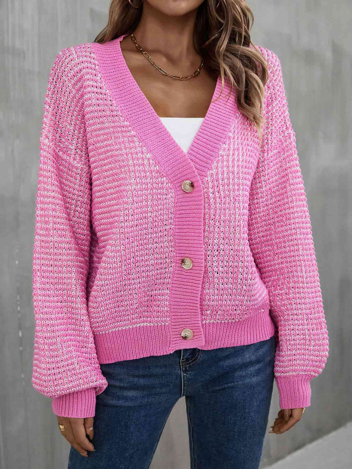 V-Neck Dropped Shoulder Cardigan - Ladyez