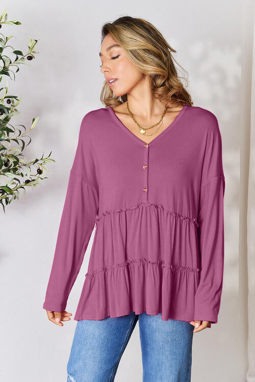 Double Take Half Button Long Sleeve Ruffle Hem Blouse - Ladyez