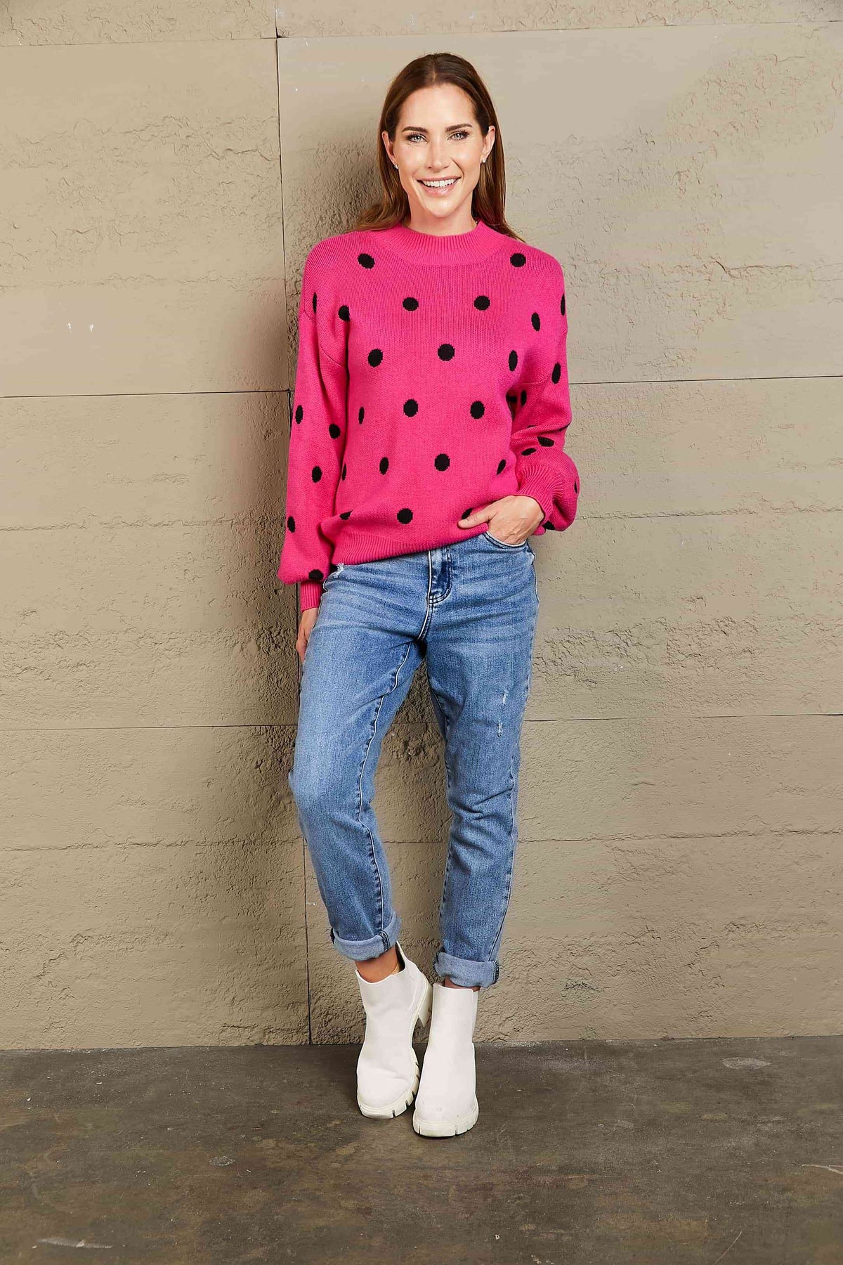 Woven Right Polka Dot Round Neck Dropped Shoulder Sweater - Ladyez