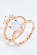 Natural Moonstone and Zircon 18K Rose Gold-Plated Two-Piece Ring Set - Ladyez