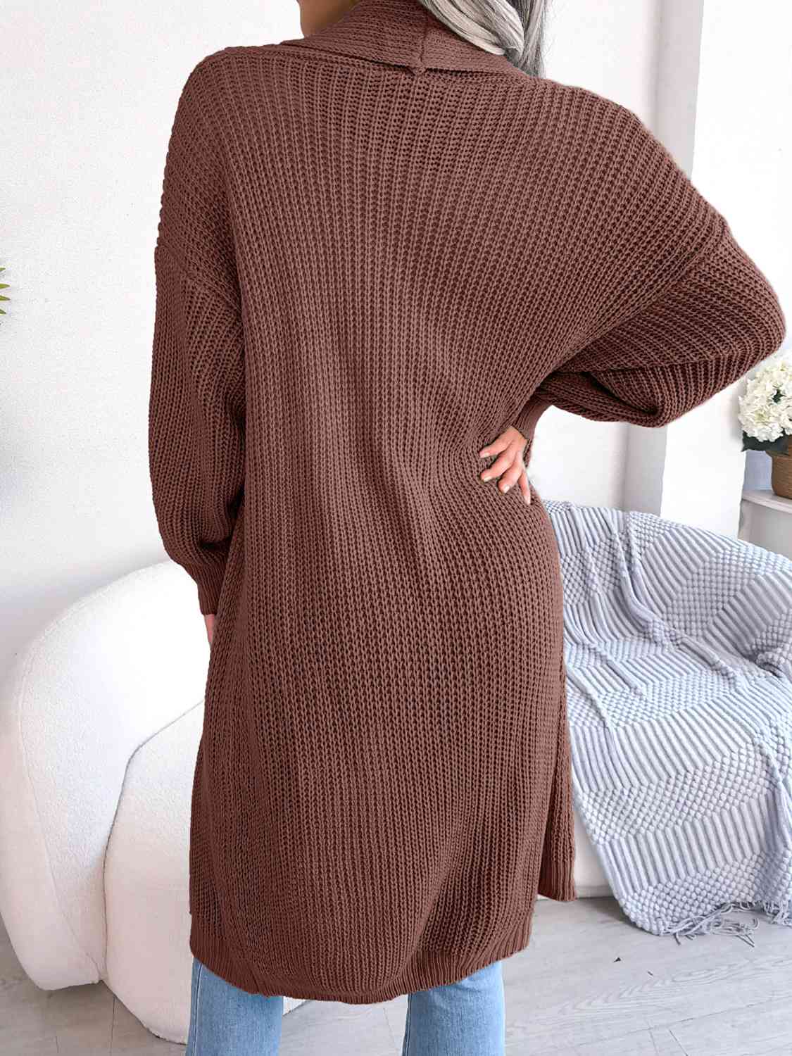 Open Front Dropped Shoulder Longline Cardigan - Ladyez