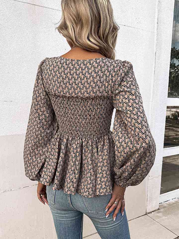 Printed Square Neck Long Sleeve Blouse - Ladyez