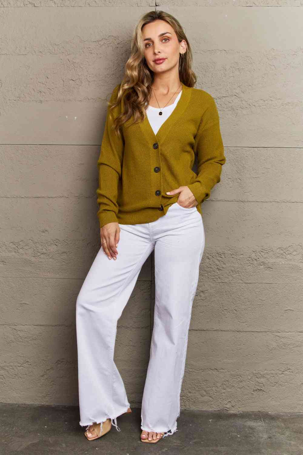 Zenana Kiss Me Tonight Full Size Button Down Cardigan in Chartreuse - Ladyez