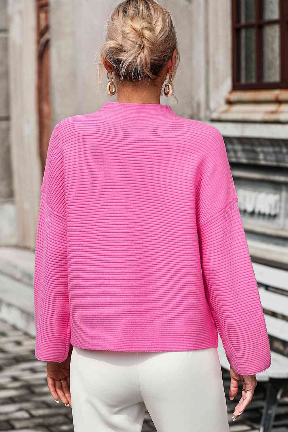Mock Neck Dropped Shoulder Pullover Sweater - Ladyez