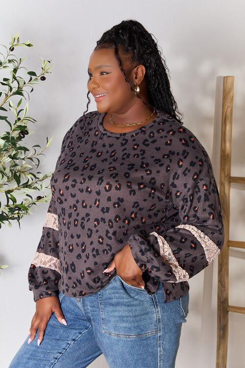 Jade By Jane Full Size Leopard Lace Detail Blouse - Ladyez