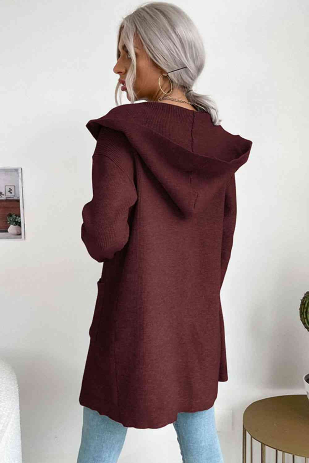 Double Take Ribbed Open Front Hooded Cardigan with Pockets - Ladyez