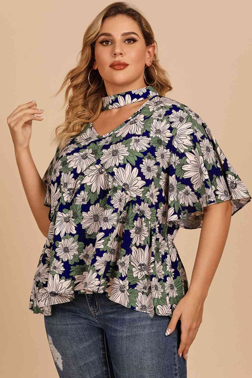 Plus Size Floral Flutter Sleeve Cutout Blouse - Ladyez