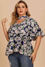 Plus Size Floral Flutter Sleeve Cutout Blouse - Ladyez