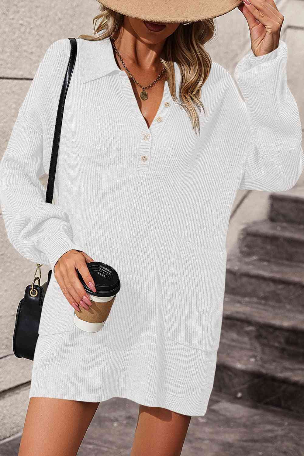 Johnny Collar Drop Shoulder Sweater Dress - Ladyez