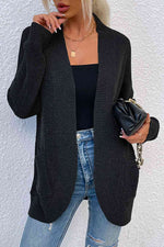 Open Front Rib-Knit Cardigan with Pockets - Ladyez