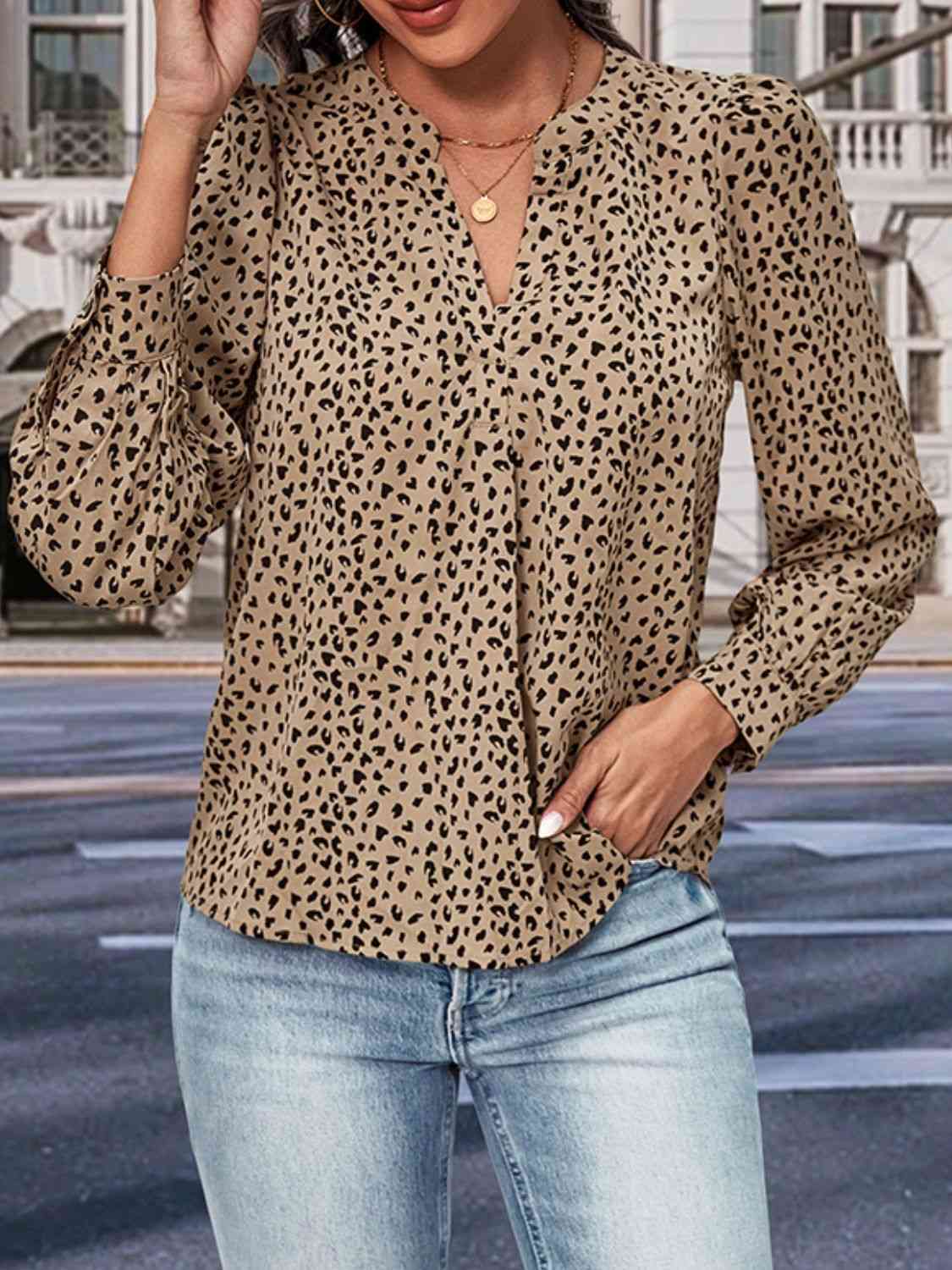 Leopard Notched Neck Puff Sleeve Blouse - Ladyez
