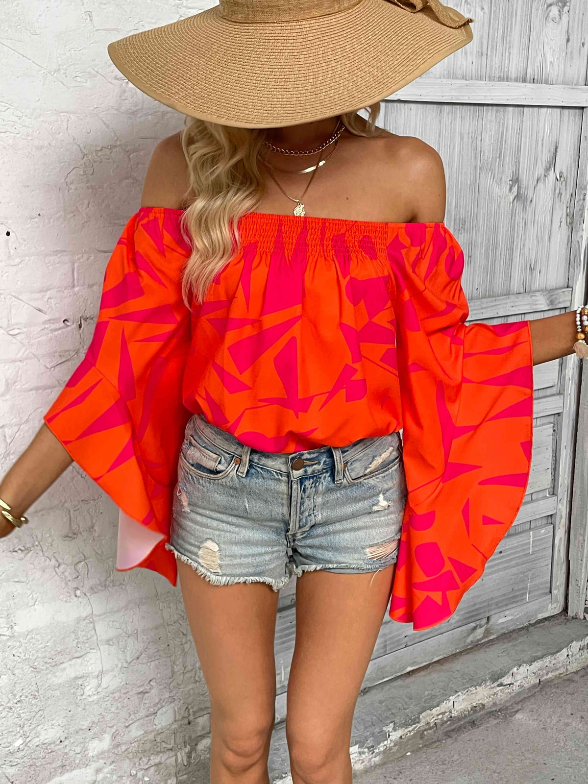 Printed Off-Shoulder Bell Sleeve Blouse - Ladyez